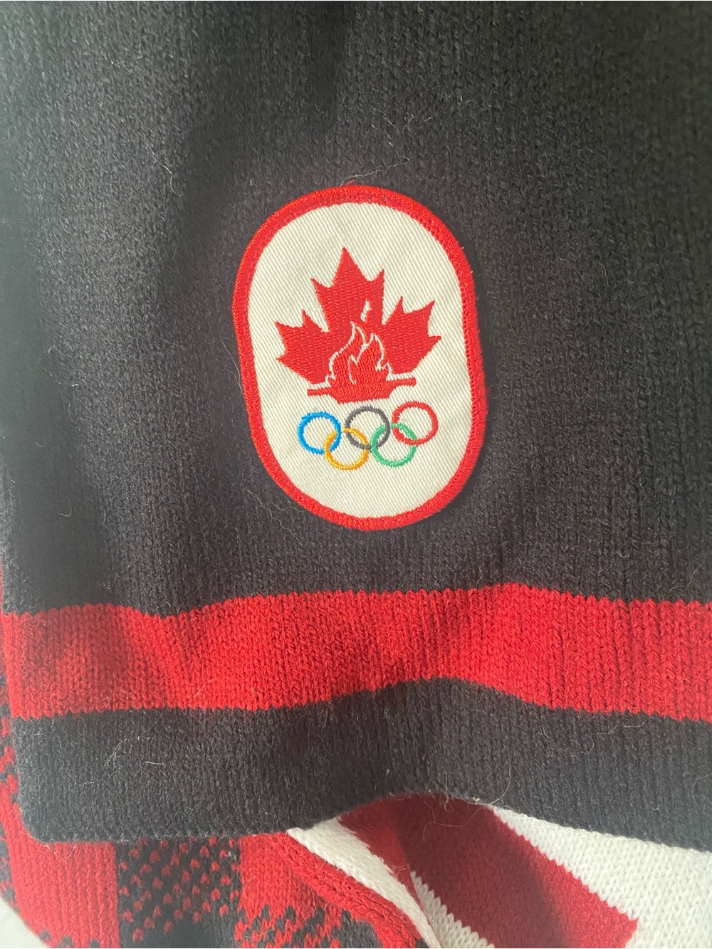 Black and Red Knit Scarf with Olympic Maple Leaf Emblem